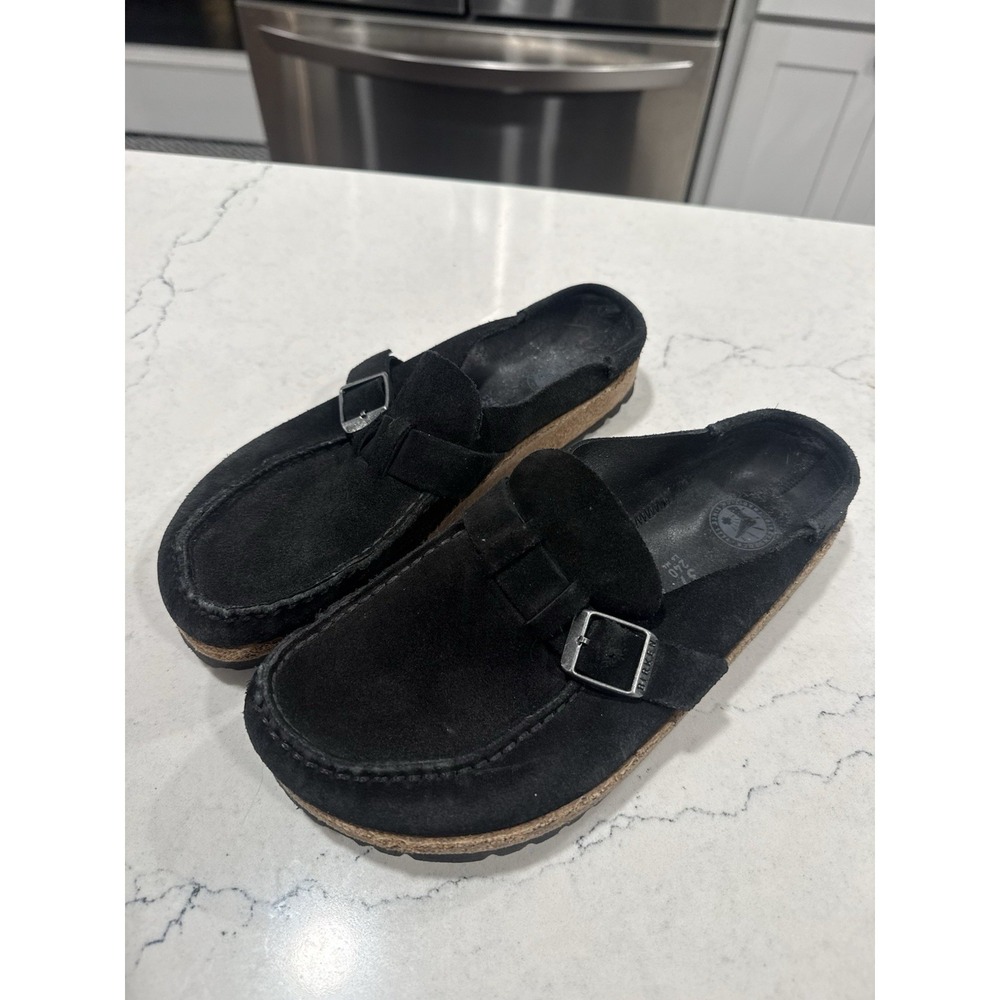 Birkenstock Black Suede Clogs Slip On Loafers Buckle Womens Size 38 US 7